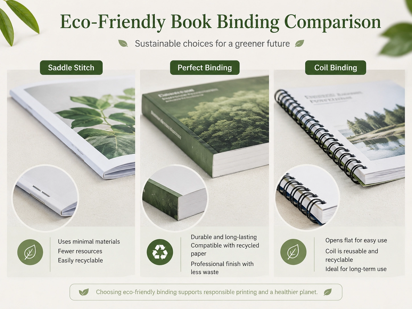 Eco-friendly ways of binding books comparison showing saddle stitch, perfect binding, and coil binding for sustainable printing Eco-friendly ways of binding books comparison showing saddle stitch, perfect binding, and coil binding for sustainable printing