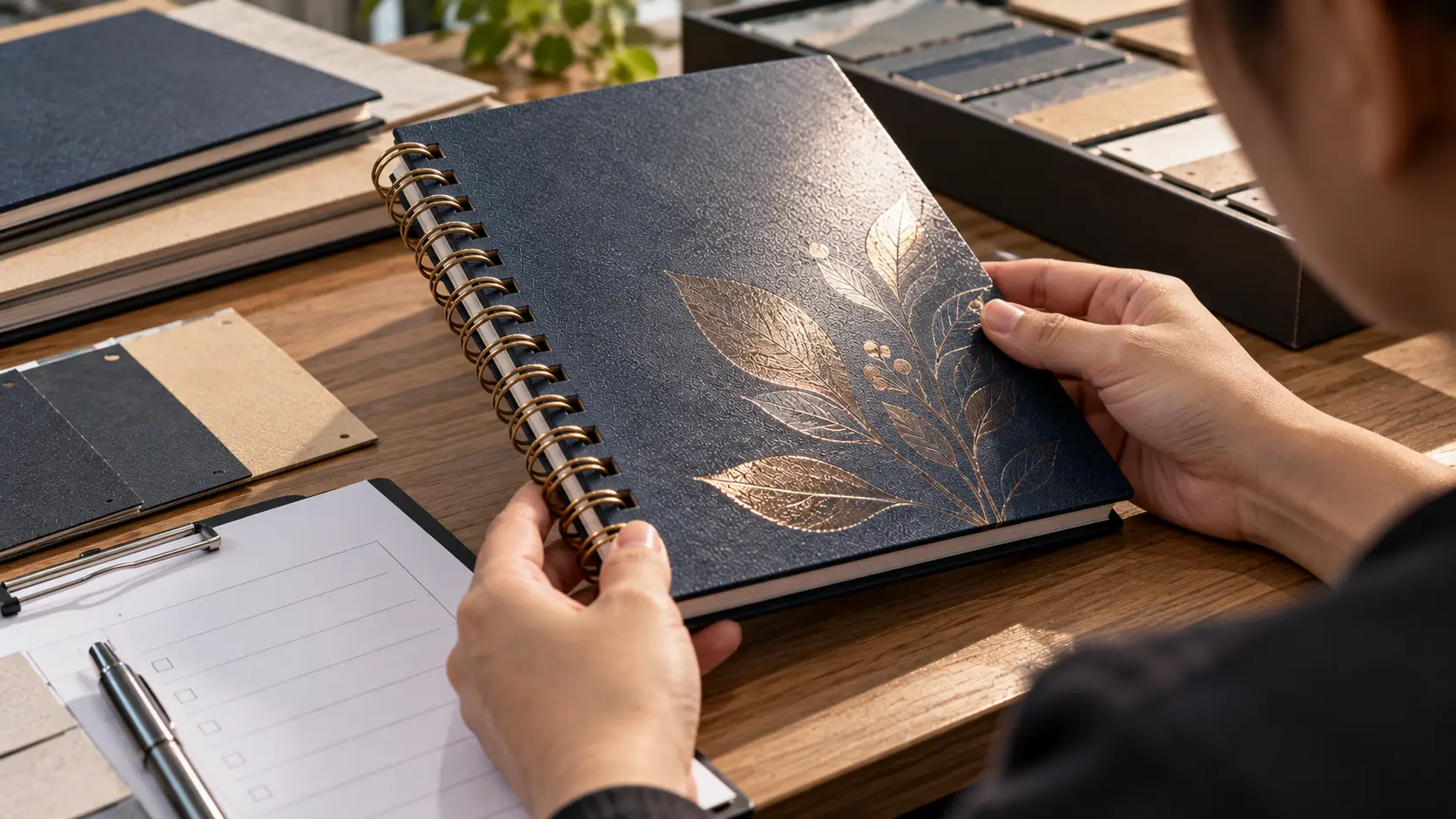 Technician tilting a finished notebook cover under raking light to inspect its decorative finish. Technician tilting a finished notebook cover under raking light to inspect its decorative finish.